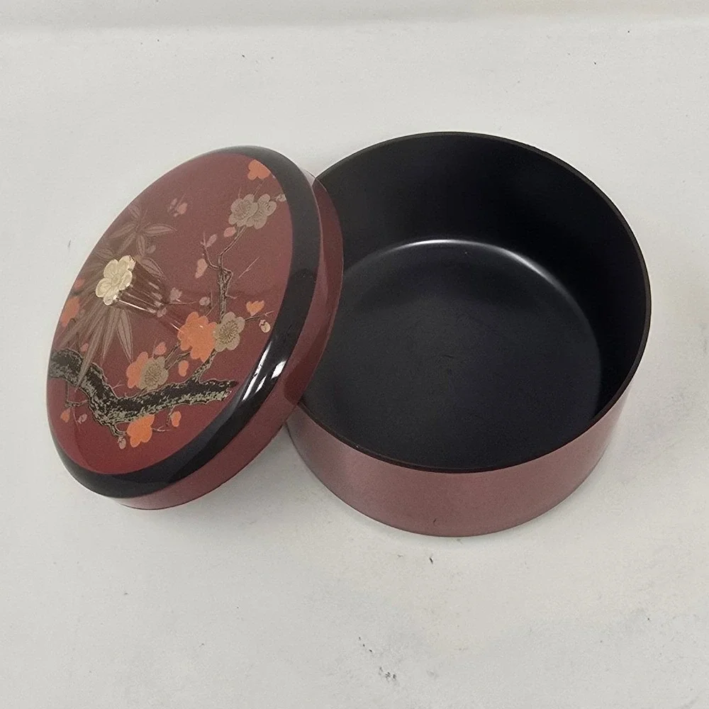Vtg Japanese Maki-e Lacquer trinket box red round lidded cherry blossom